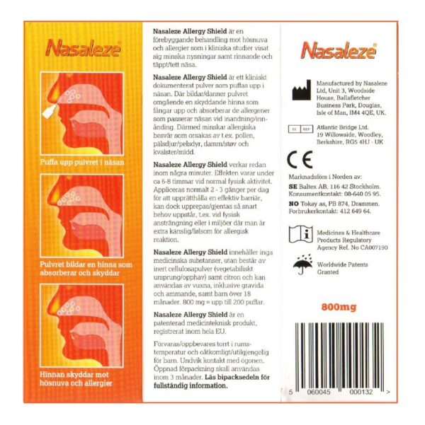 Nasaleze Allergy Shield pulverspray 800 mg 200 puffar baksida