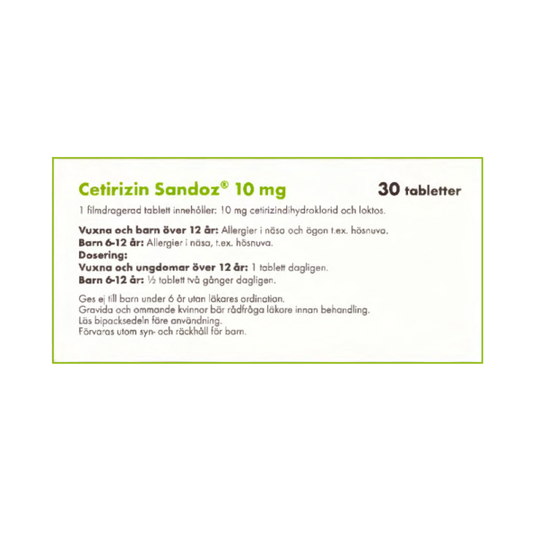 Cetirizin Sandoz 10 mg 30 filmdragerade tabletter baksida