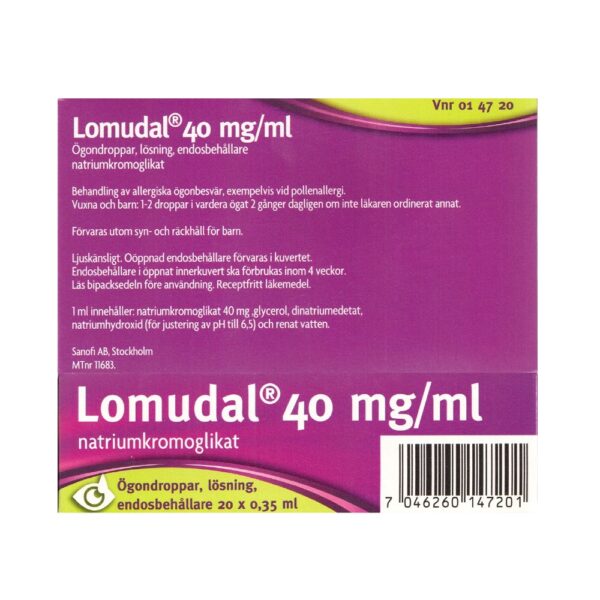 Lomudal 40 mg-ml Ögondroppar, lösning, endosbehållare 20 x 0,35 ml baksida